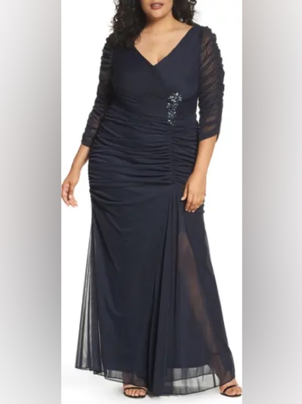 Adrianna Papell Sz 20 Embellished Ruched Navy Gown